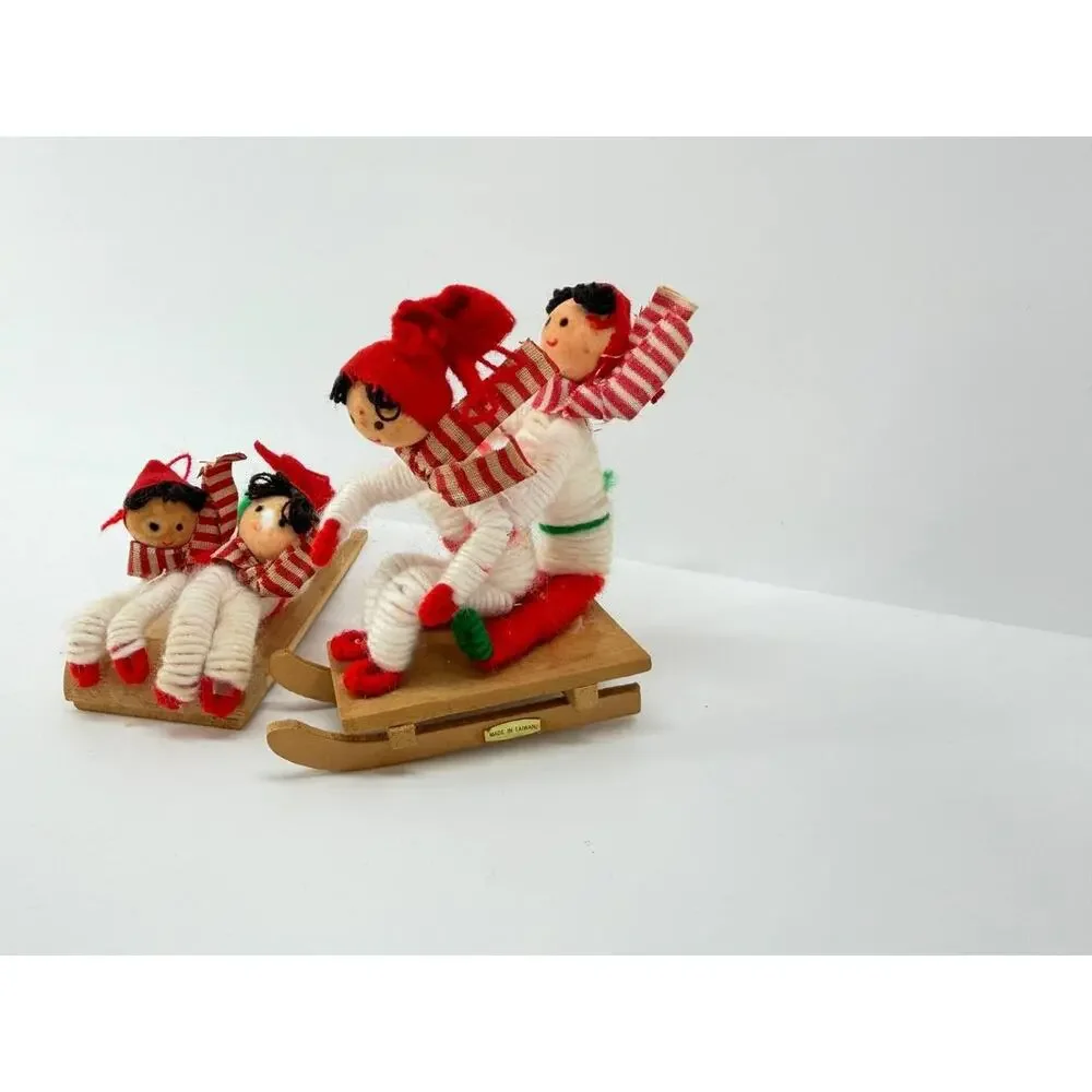 Vintage Taiwan Christmas Yarn Doll Children Wooden Sled Holiday Figurine Set
